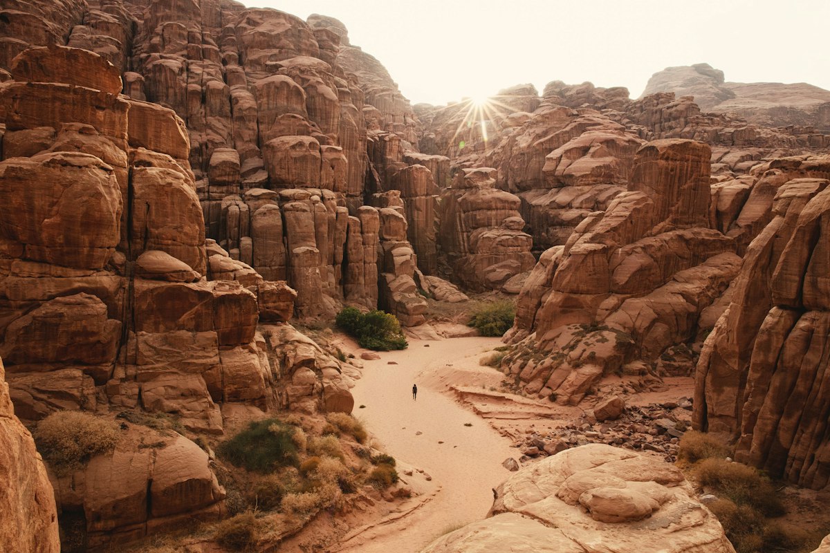 Tall sandstone canyon walls rising above a desert trail
